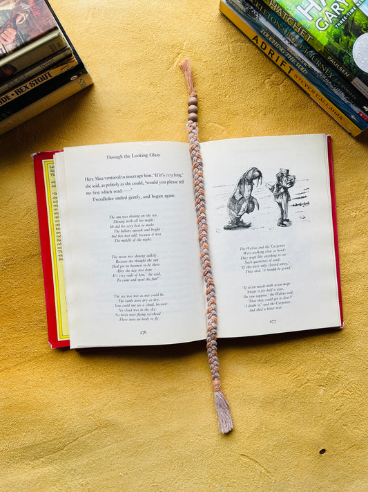 Macramé Bookmark · Pale Purple, Dusty Rose Combo · Dusty Brown Beads · 10.5"