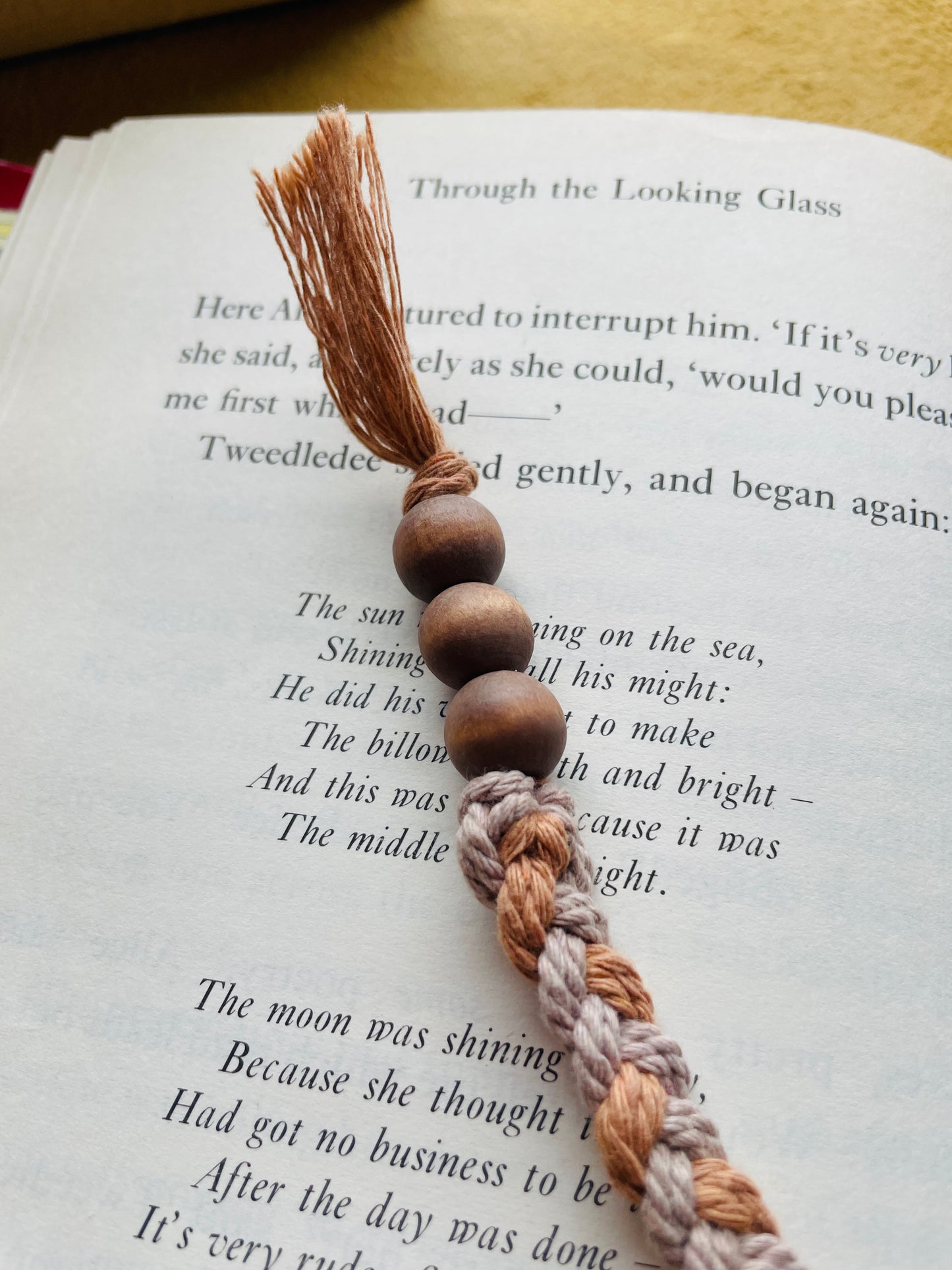 Macramé Bookmark · Pale Purple, Dusty Rose Combo · Dusty Brown Beads · 10.5"