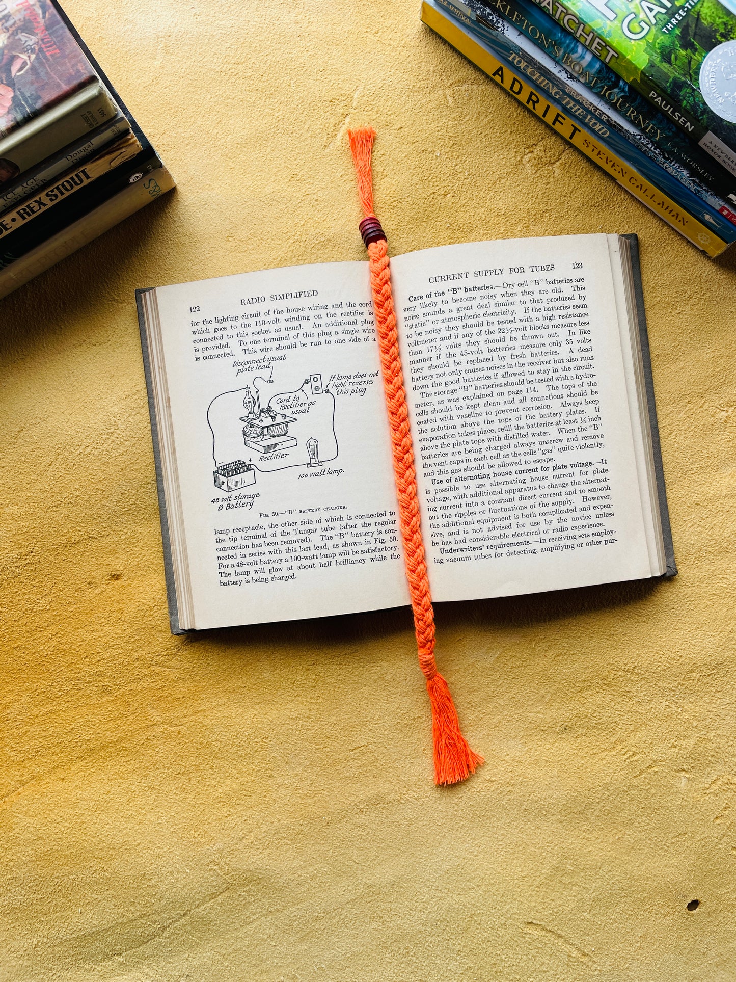 Macramé Bookmark · Orange · Dark Red Beads · 8.5"