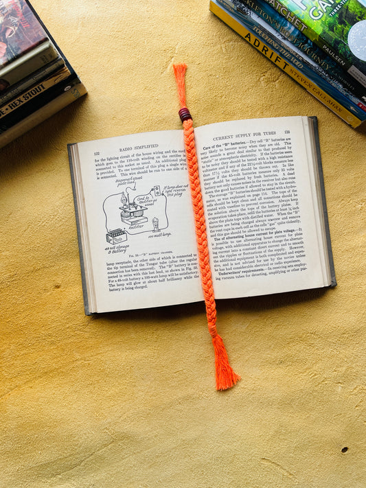 Macramé Bookmark · Orange · Dark Red Beads · 8.5"