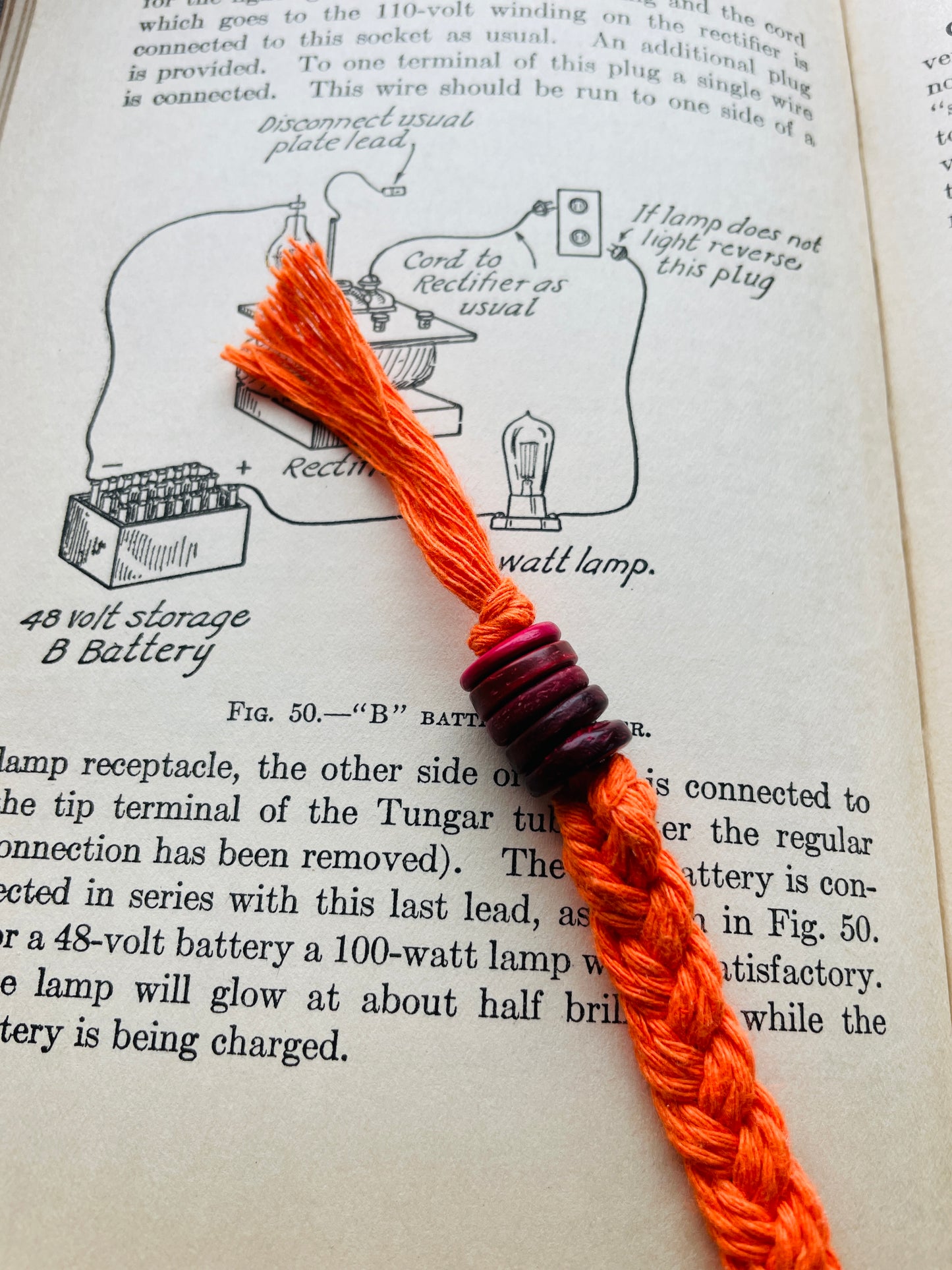 Macramé Bookmark · Orange · Dark Red Beads · 8.5"