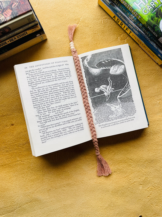 Macramé Bookmark · Dusty Rose · Light Wood Beads · 9"