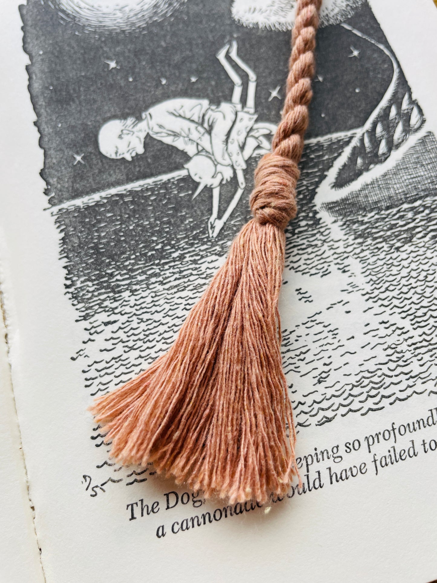Macramé Bookmark · Dusty Rose · Light Wood Beads · 9"