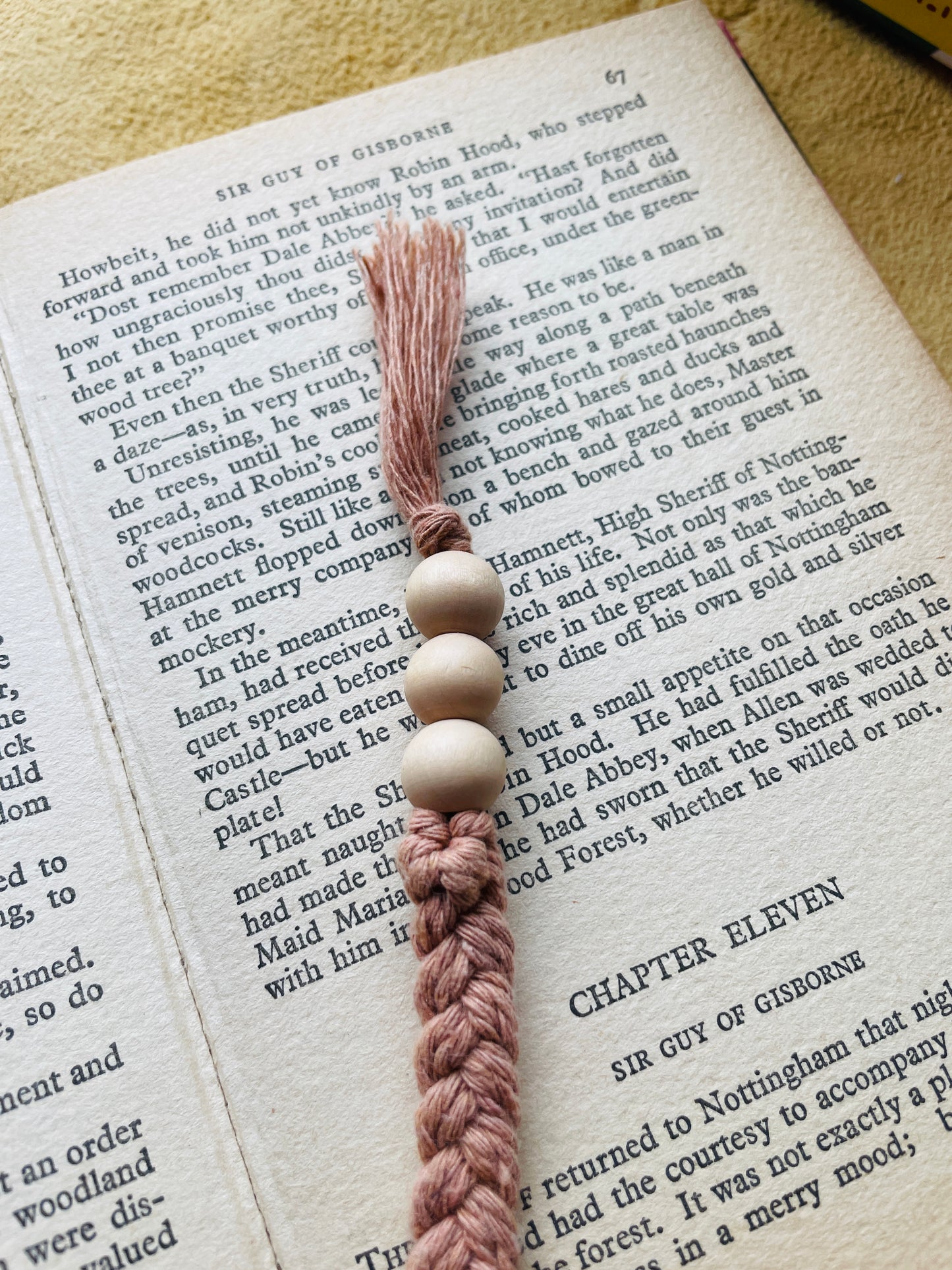 Macramé Bookmark · Dusty Rose · Light Wood Beads · 10.5"