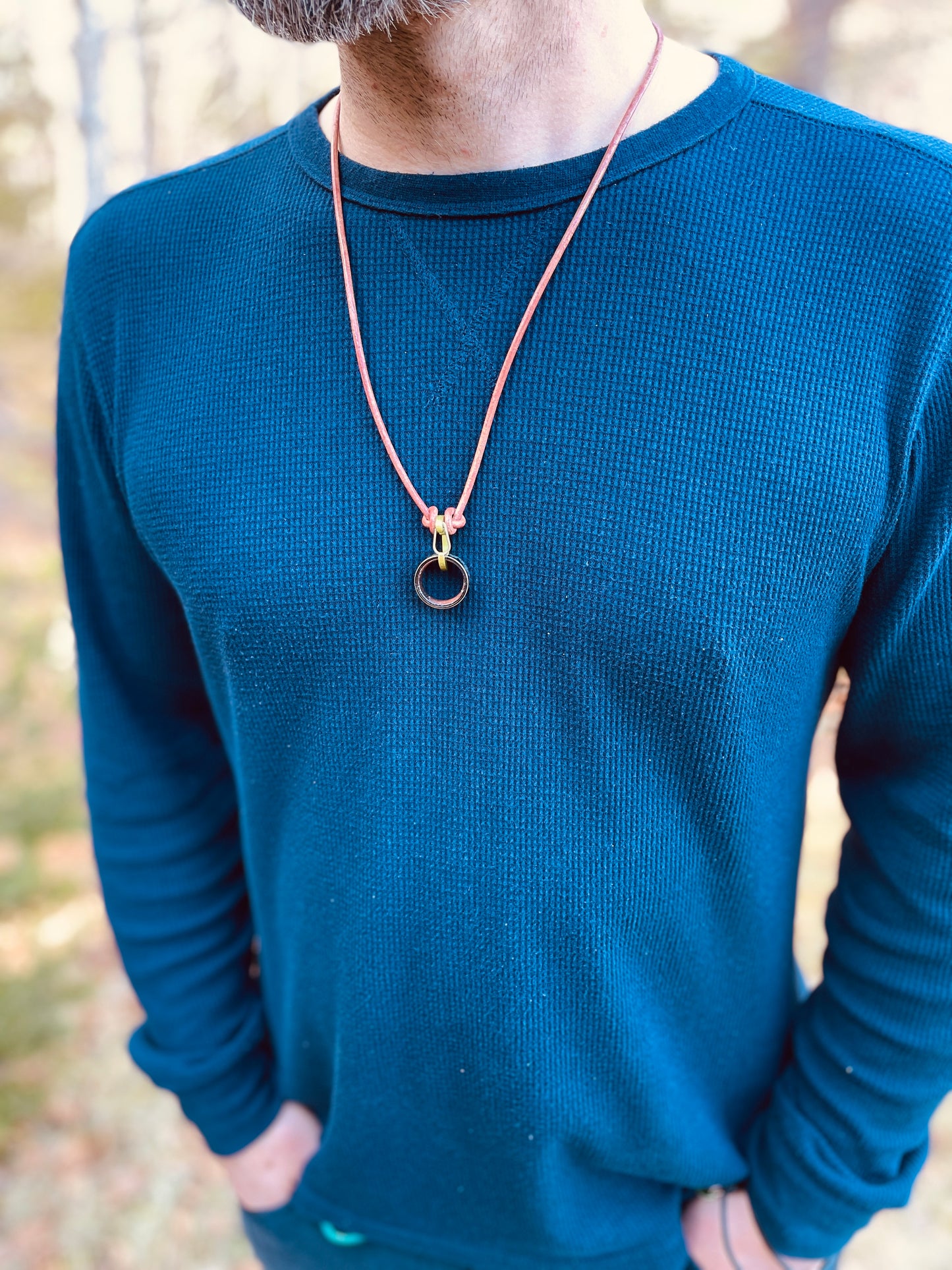 Ring Keeper · Leather (3mm)  · Distressed Umber  · Carabiner (m) · Metallic lime