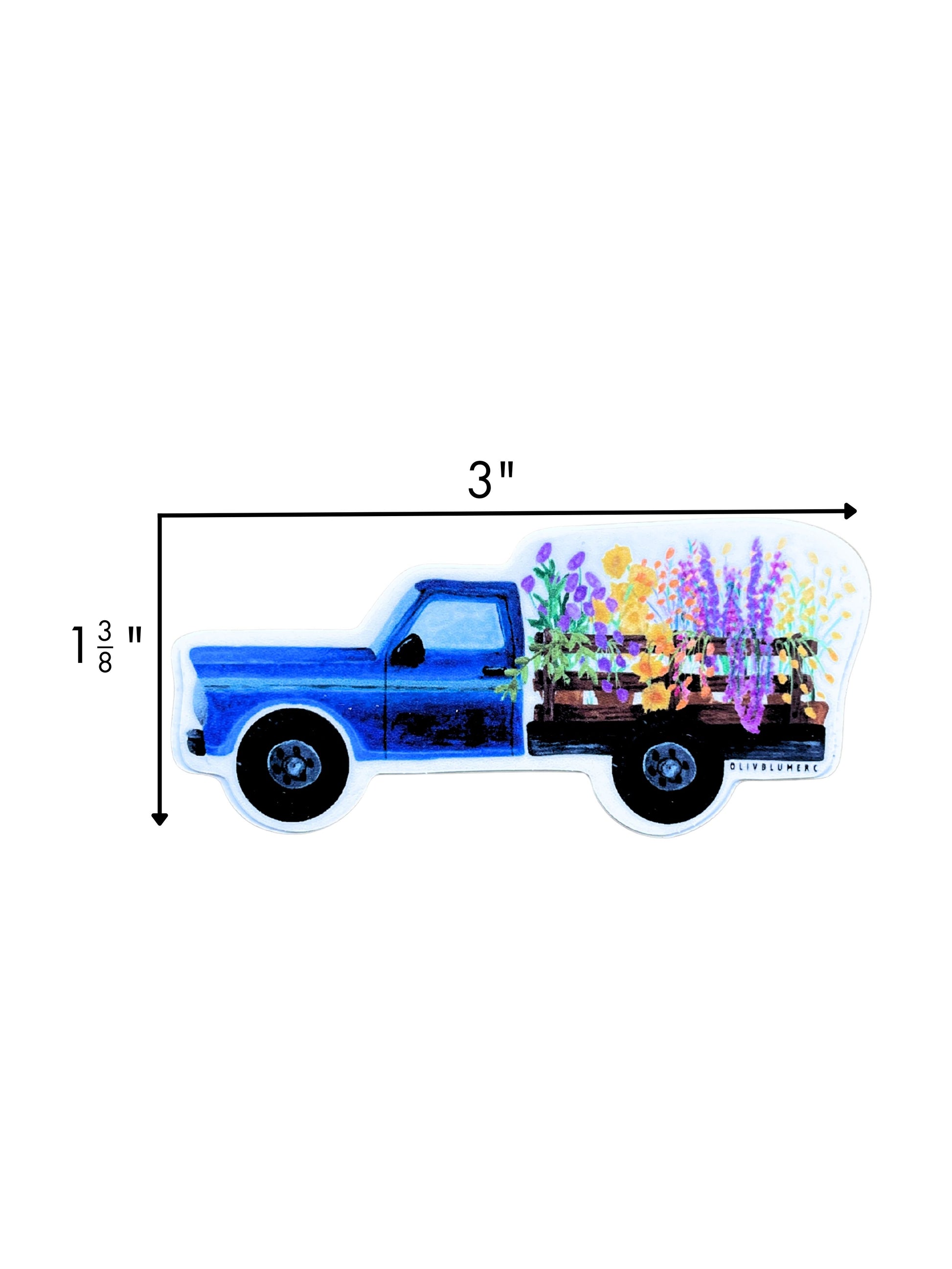 rustic blue farm truck sticker carrying freshly picked flowers showing dimensions of 3 inches by 1 and 3/8 inches.