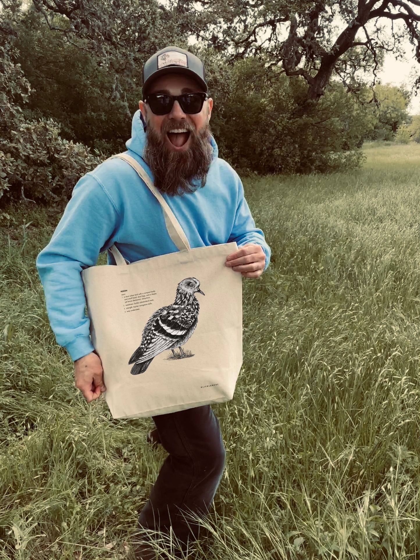 Funny pigeon illustration printed on a reusable cotton canvas tote bag