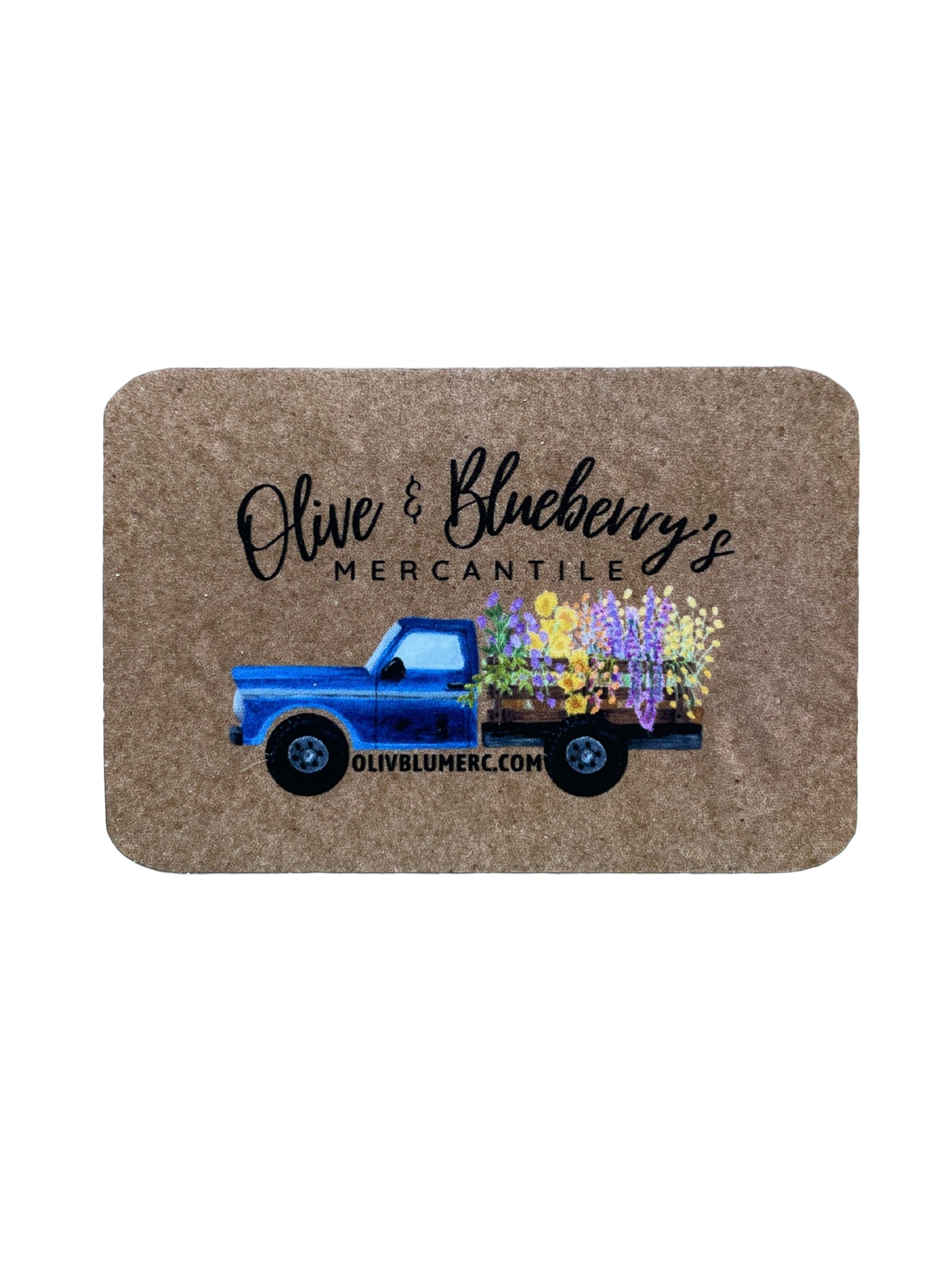 Vinyl sticker showing logo of Olive & Blueberry's Mercantile with brown kraft paper background.