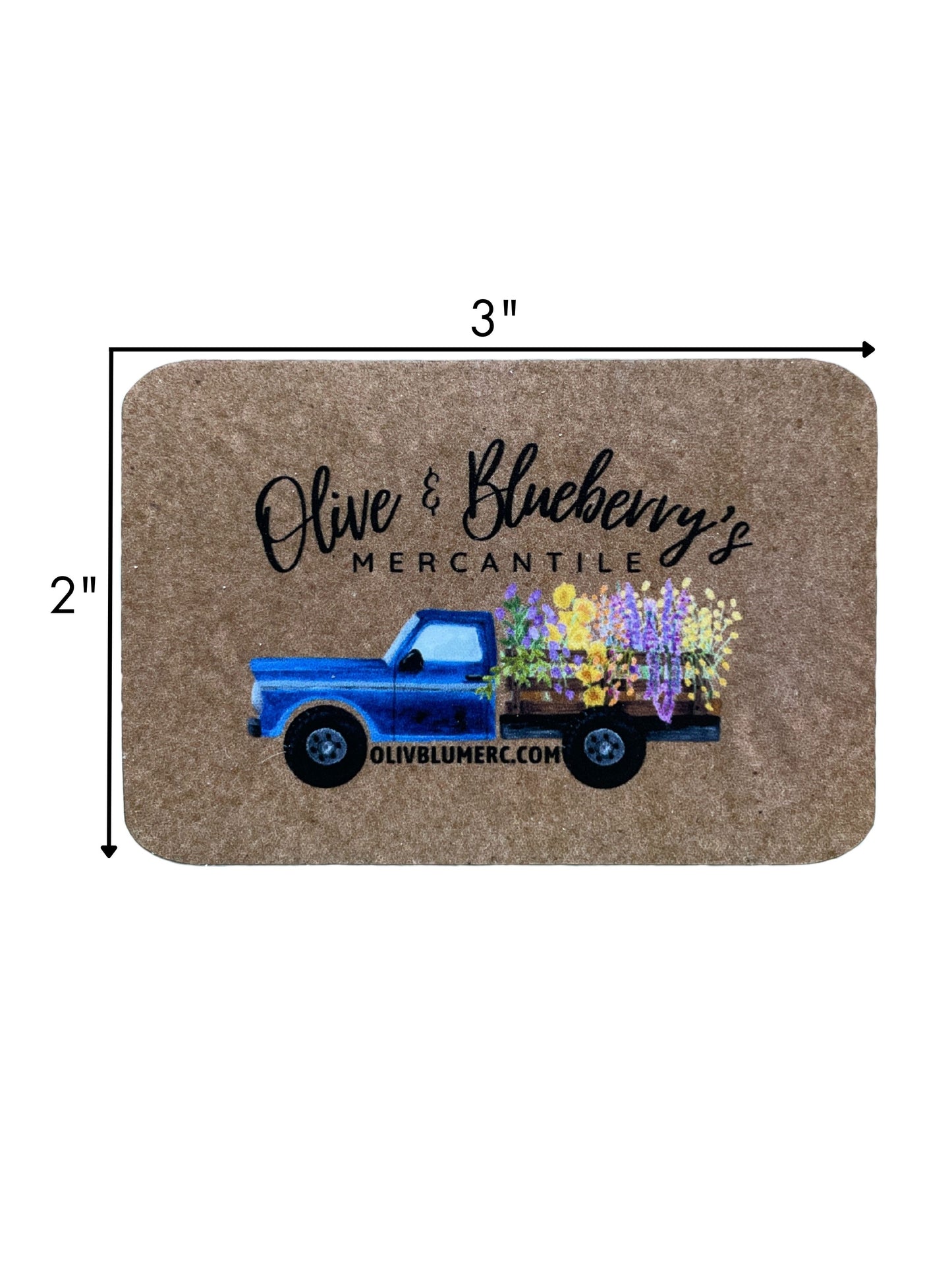 Olive & Blueberry's logo vinyl sticker on kraft brown background showing dimensions of 2 inches by 3 inches.