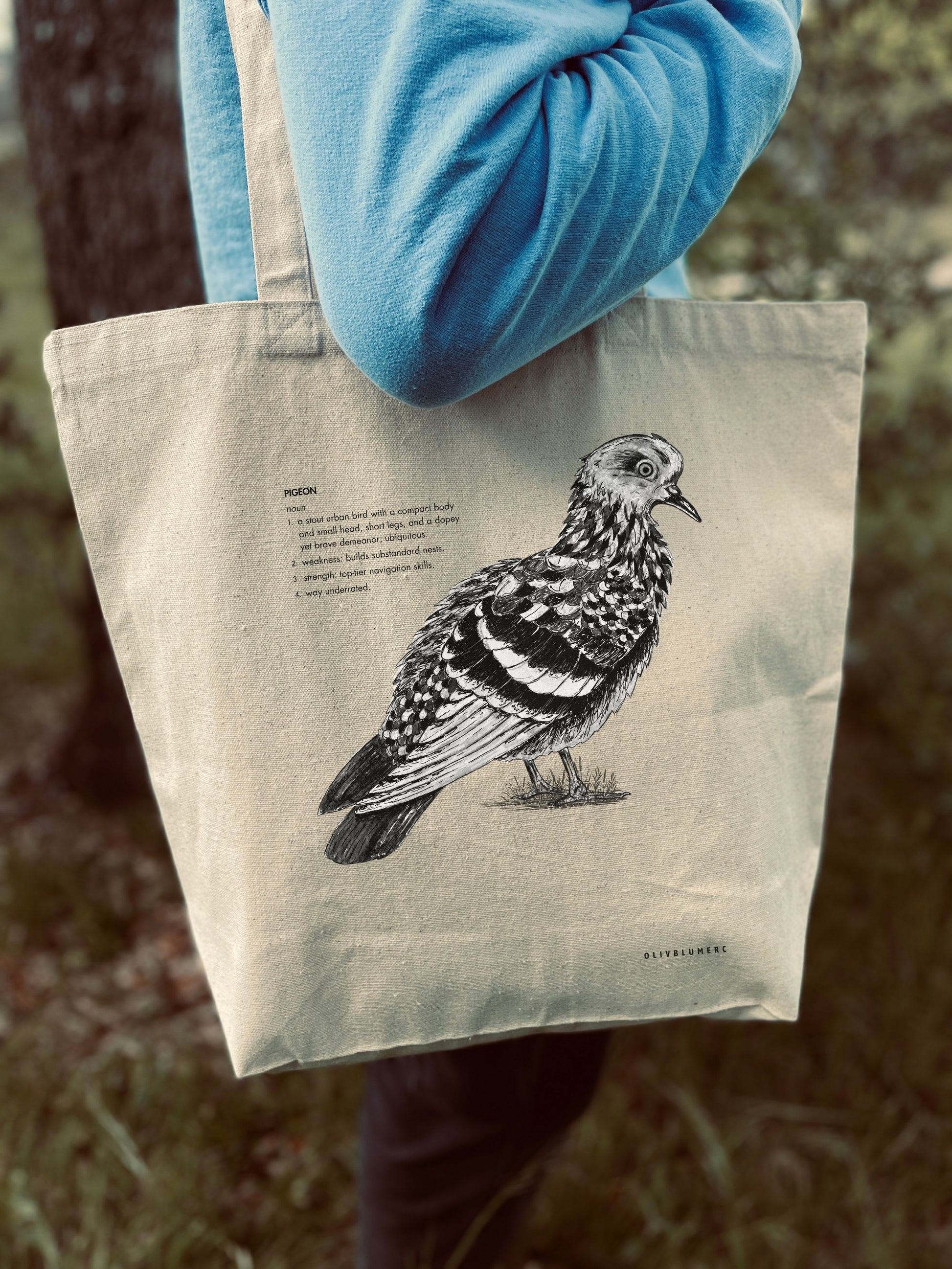 Front view of cotton canvas tote bag featuring a pigeon illustration with a humorous defintion