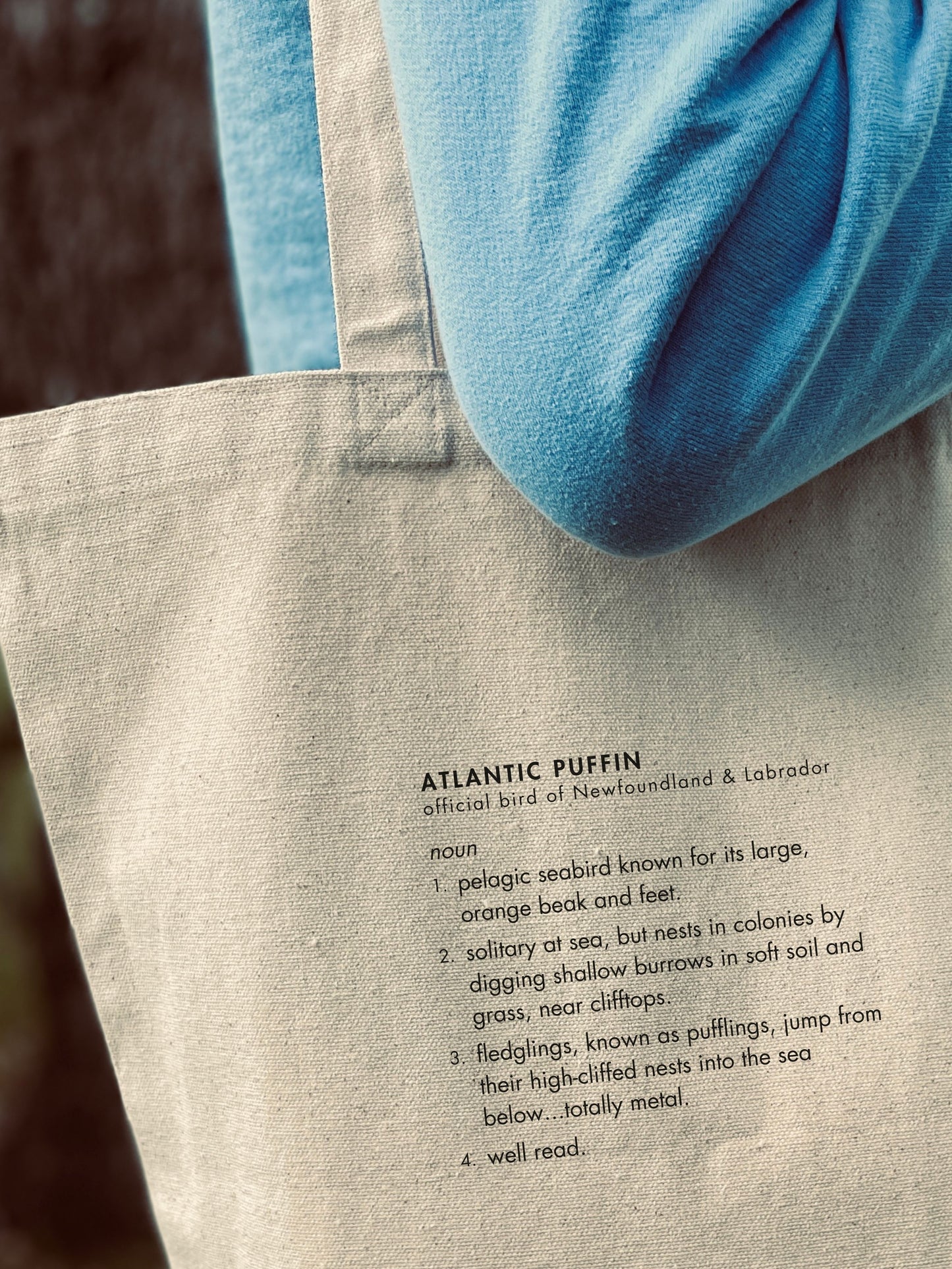 Close up of somewhat serious, somewhat funny, puffin definition on a 100% cotton tote bag