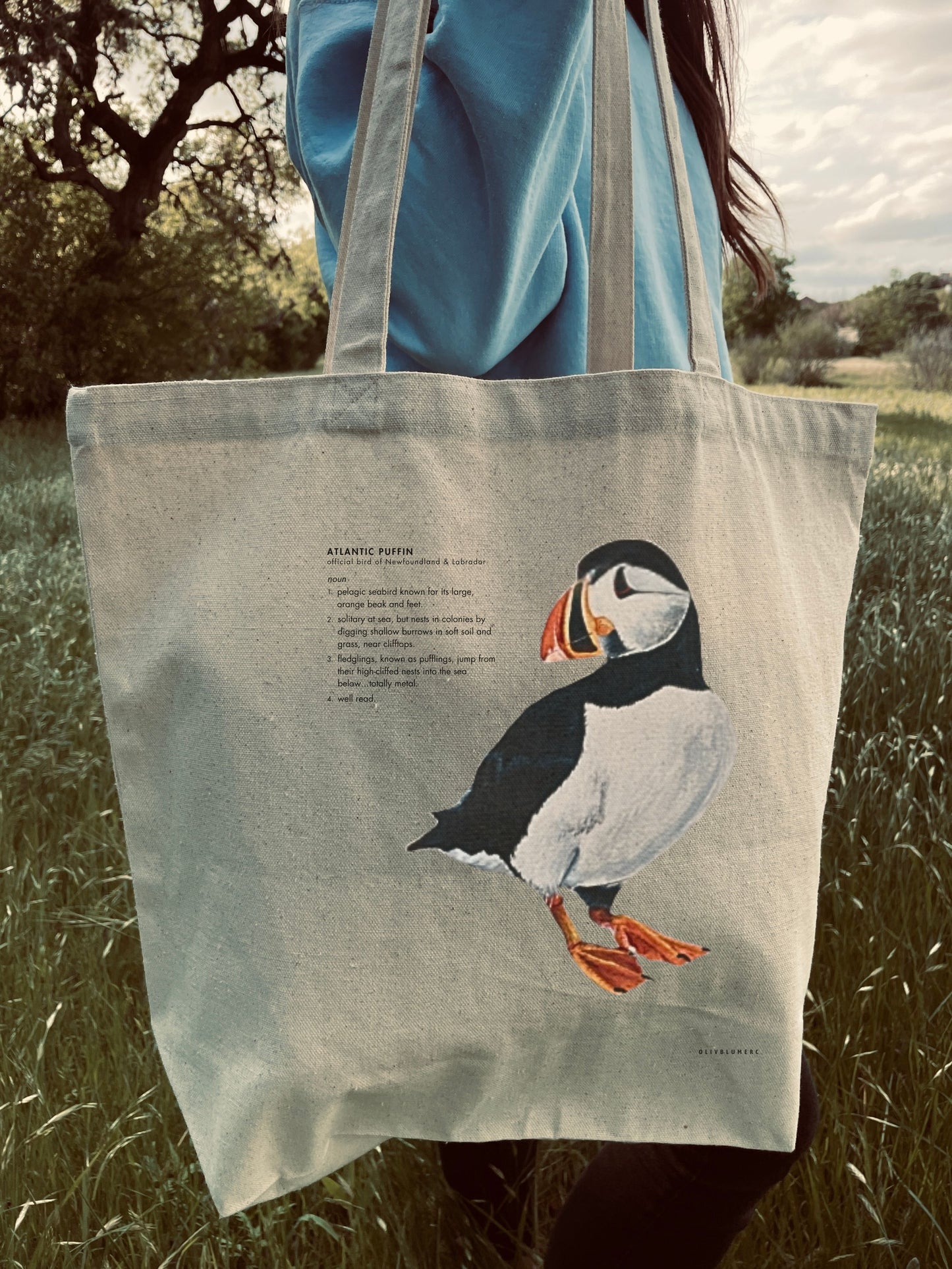 100% cotton tote bag featuring a print of a painted puffin illustration with a humorous definition on the front