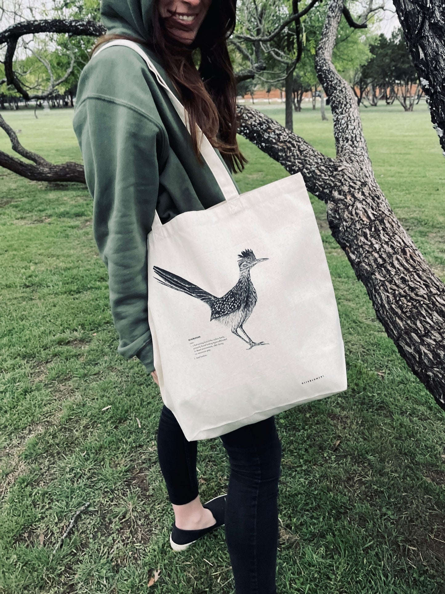 Cotton canvas tote bag with roadrunner illustration displayed as a gift idea