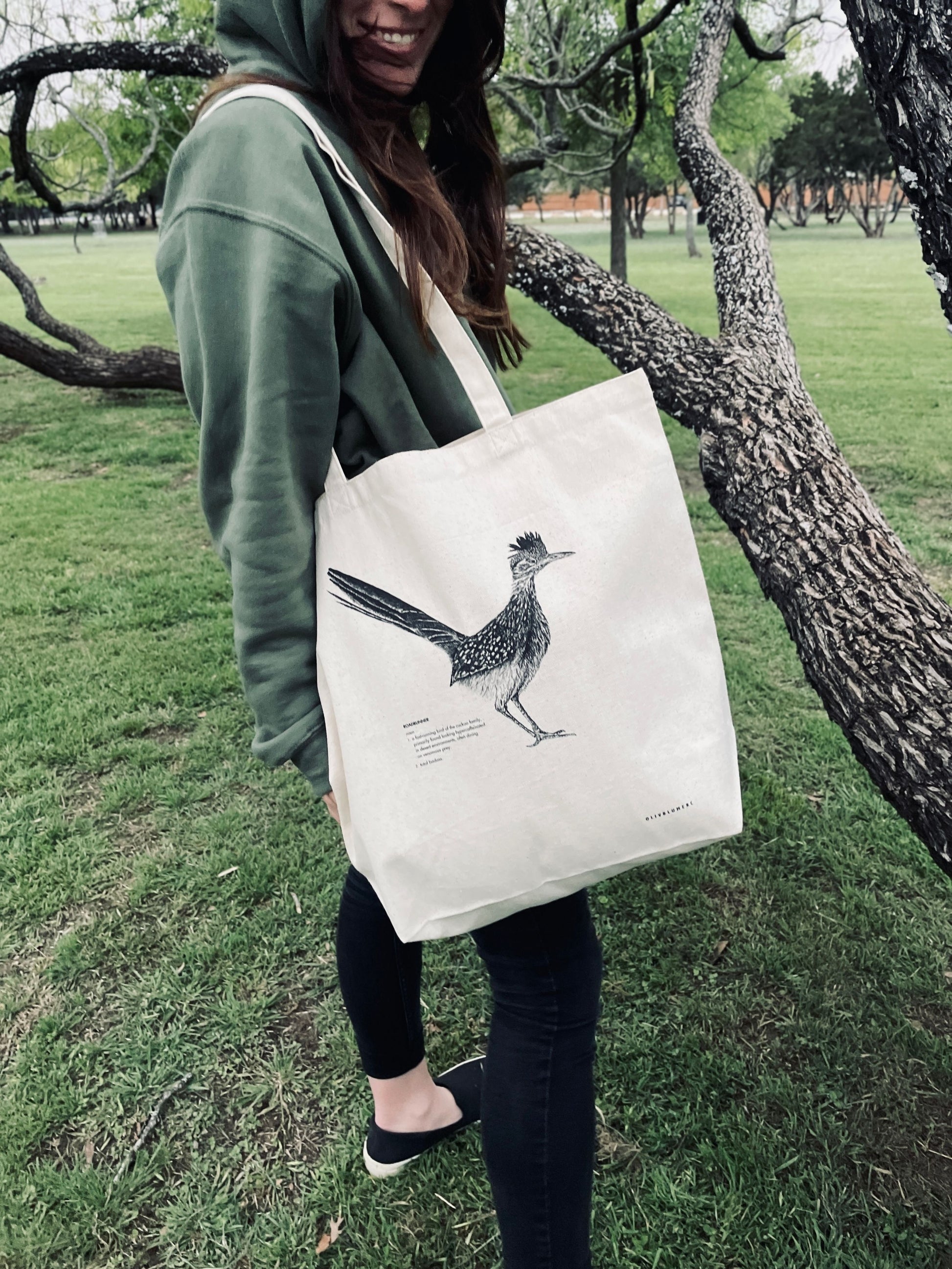 Cotton canvas tote bag with roadrunner illustration displayed as a gift idea